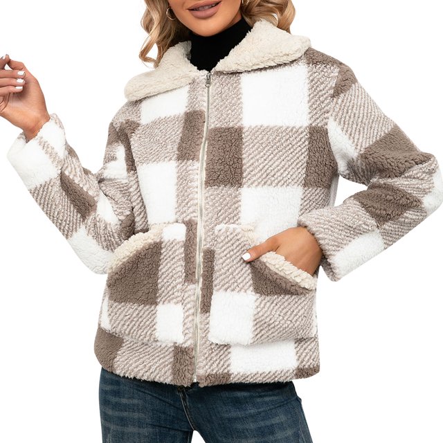 Moda mujer chaqueta mullida a cuadros cuello vuelto manga larga bolsillo con cremallera Irfora Beige/Pequeña