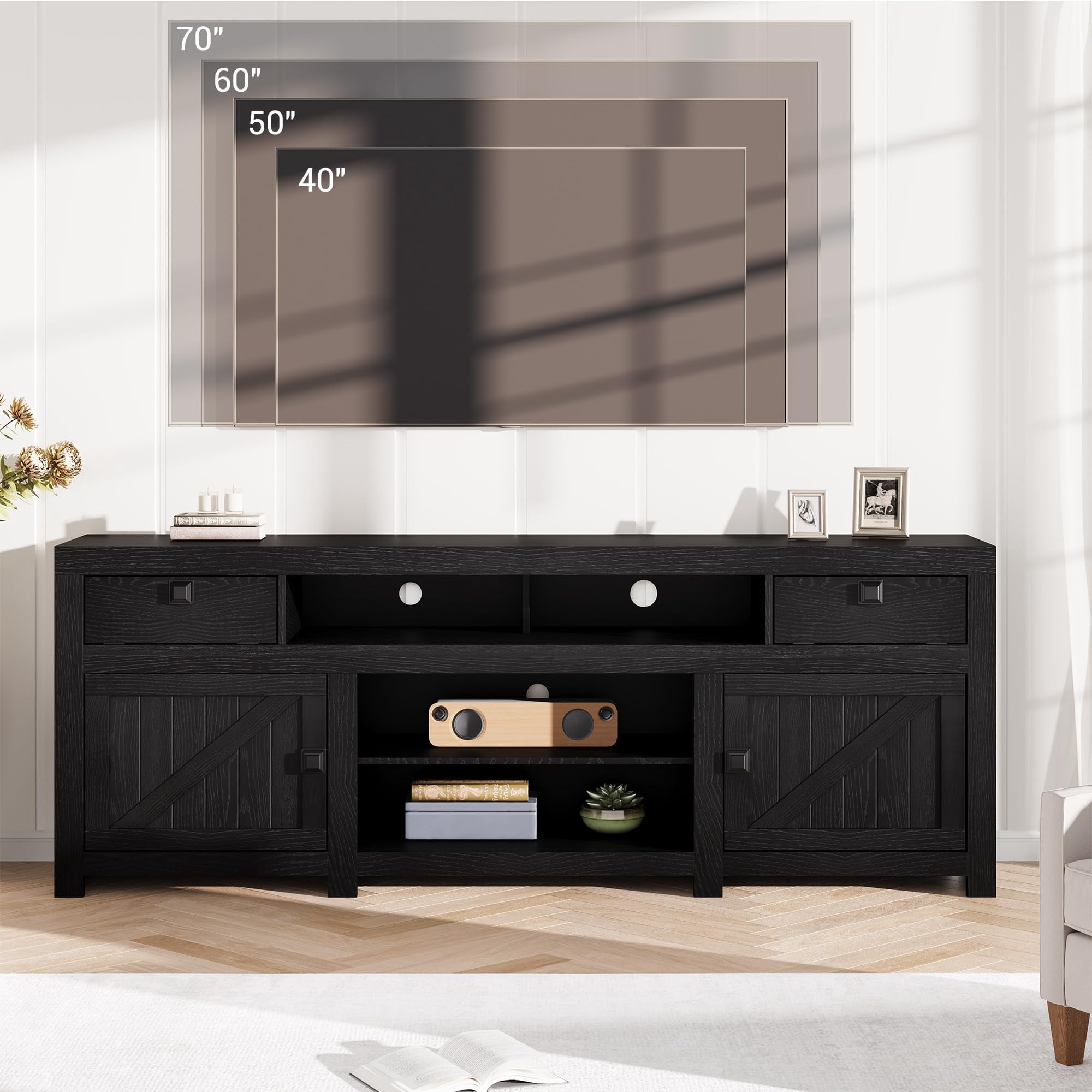70-Inch Farmhouse TV Stand for TVs Up to 80", Entertainment Center with 4 Storage Drawers & 3 Open Shelves for Living Room-Black