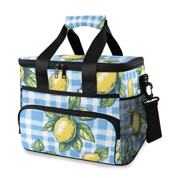 FORMRS Insulated Cooler Bag 24 Cans Capacity Soft Leakproof Lunch Box with Side Pockets, Cartoon Plaid Lemon