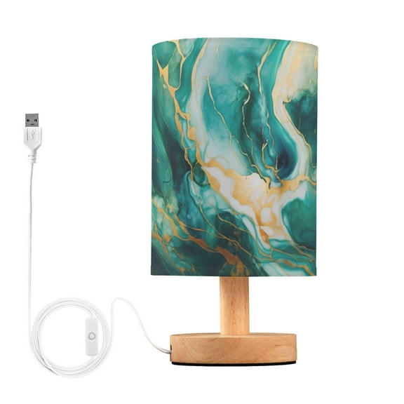Green and Gold Marble Bedside Table Lamp LED Warm Lights with USB Charging Port Retro Cylinder Desk Lamps