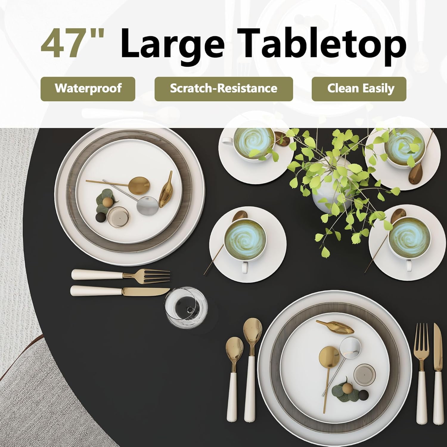Wirrytor 47" Black Dining Room Table with Storage, Modern Round Table for 4, Kitchen table with 2-Layer Storage Shelves, Circle Dining Table