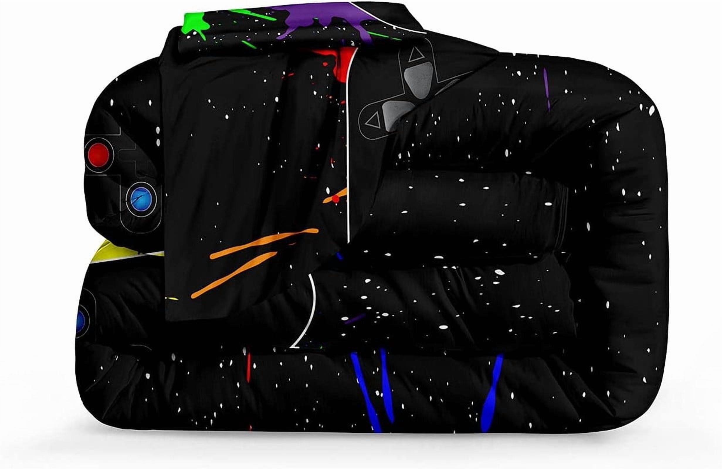 Twin Size Gaming Bedding Set - Soft Microfiber Comforter with Controller & Button Design - for Kids, Teens, Adults - Includes Pillow Sham - Gamer Room Decor