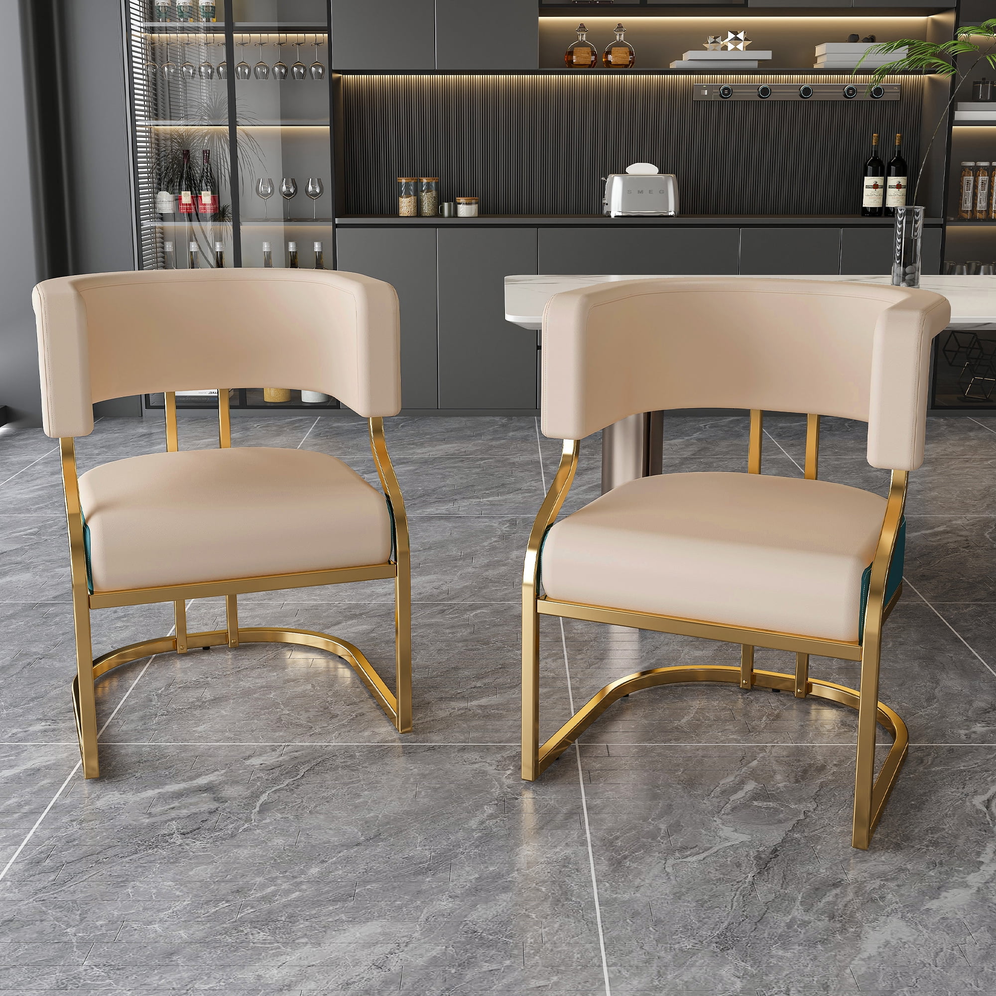 Set of 2 Modern Dining Chairs with Gold Plated Iron Frame, PU Upholstered Accent Chairs, Ergonomic Curved Back Armless for Kitchen, Dining Room, Apartment, Blue