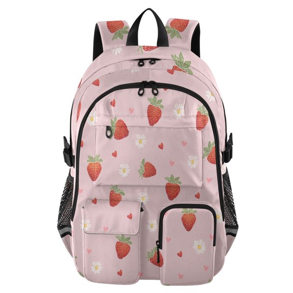 DIXRUYEE Strawberry Daisy Pattern Backpack for School 14”Laptop Compatible with Reflective Safety Strips