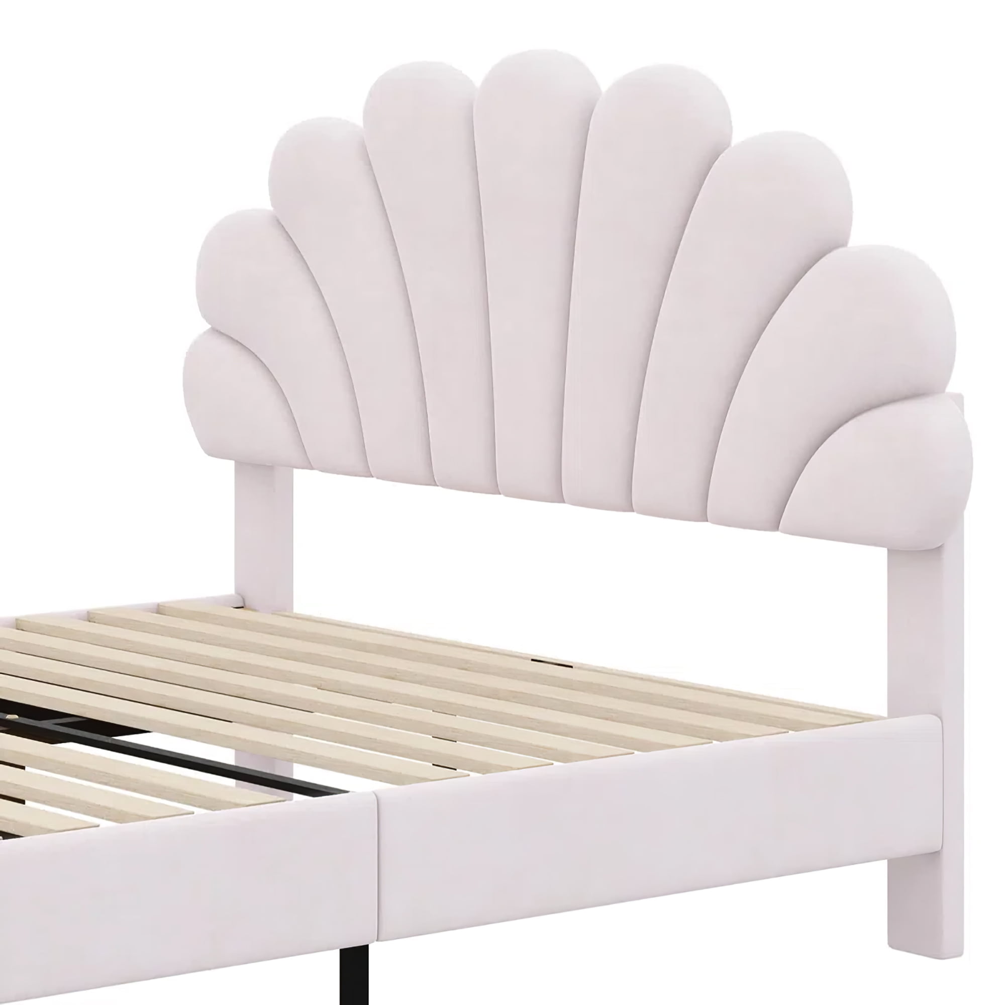 Aukfa Full Bed Frame with Flower Upholstered Headboard, Wood Slats Support, Beige