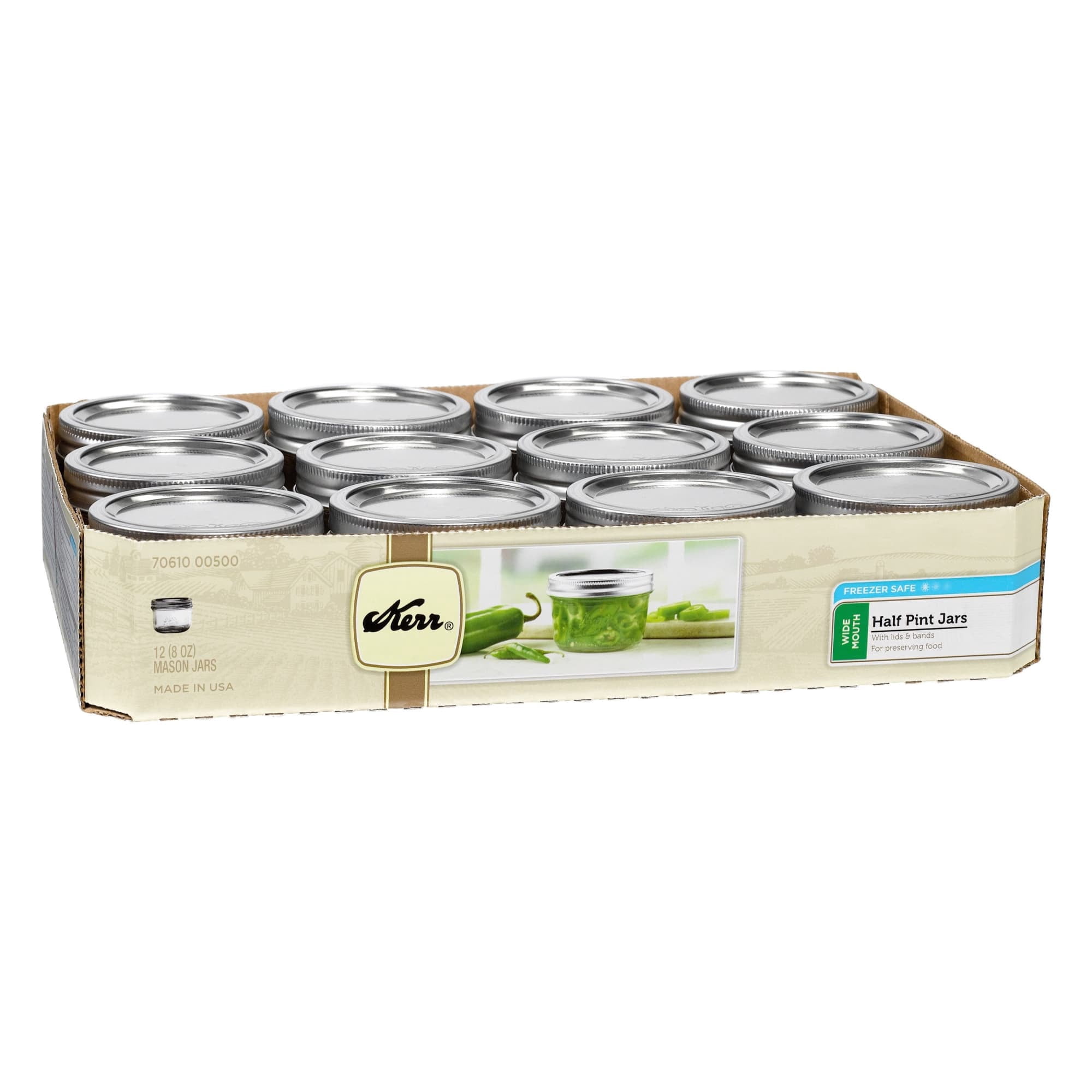 Kerr Canning Jars, Wide Mouth Half-Pint Mason Jars with Lids and Bands, 12 Count 8 oz