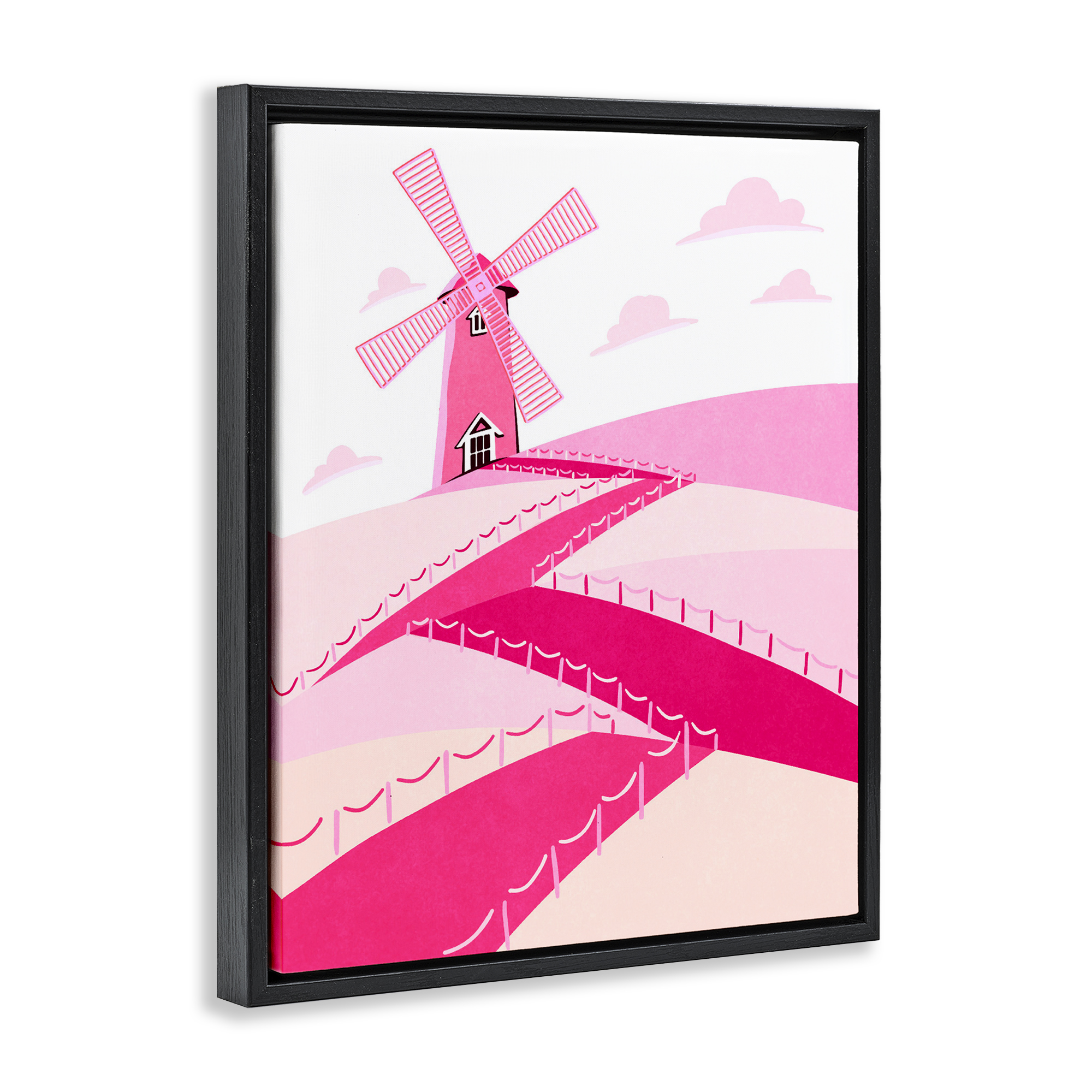 Pink Hills and Windmill Black Framed Floater Canvas Wall Art, design by Ziwei Li