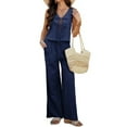 thumbnail image 2 of Womens 2 Piece Outfits V Neck Tie Waist Vest and Wide Leg Casual Pants Sets Navy Blue L, 2 of 9