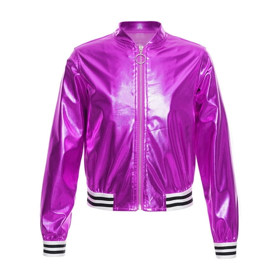 Sholeno Kids Girls Shiny Metallic Long Sleeve Bomber Jacket Coat Hip Hop Dance Top Motorcycle Purple 10
