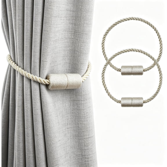 Magnetic Curtain Tiebacks 2 Pack, Strong Holdbacks for Outdoor Drapes & Indoor Window Curtains, Modern Elegant Rope Decorative Tie Backs, Beige