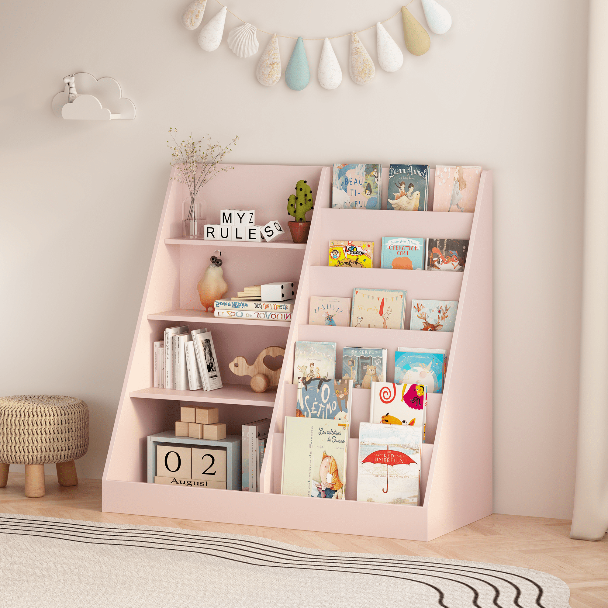 Pink Kids Bookshelf with Toy Storage Bin 2-Tier Display Childrens Room Organizer