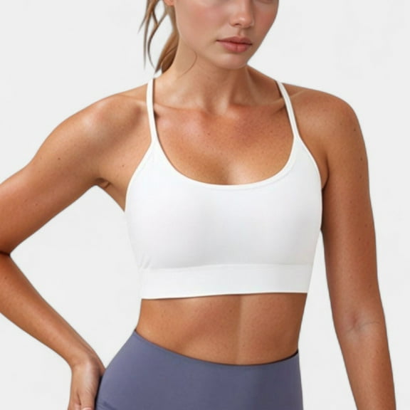 Women's Scoop Neck Sports Bra with Thin Straps Smooth Stretch Fabric Removable Pads Low Impact Support - Medium, White