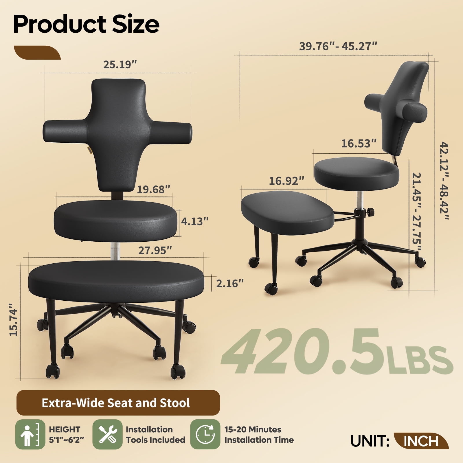 Pinmoco Ergonomic Adhd Chair with Backwards Comfort, PU Leather Cross Legged Office Chair, Extra Wide Swivel for Home Office, Black