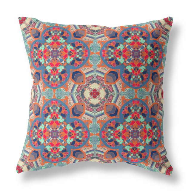 Amrita Sen Clover Leaf Floral Suede Zippered Pillow with Insert Orange Blue Aqua