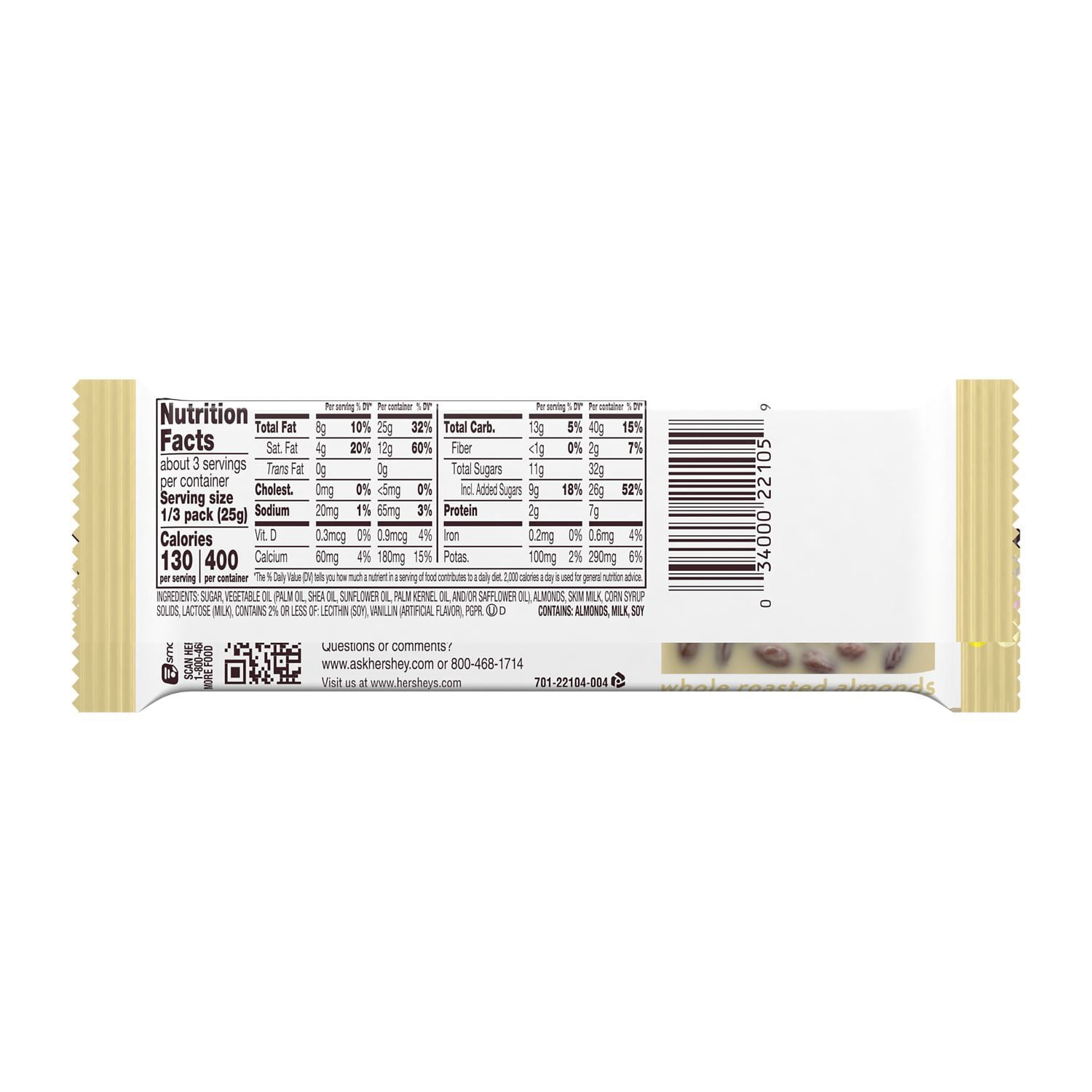 HERSHEY'S, White Creme with Whole Almonds King Size Candy, 2.6 oz, Bar