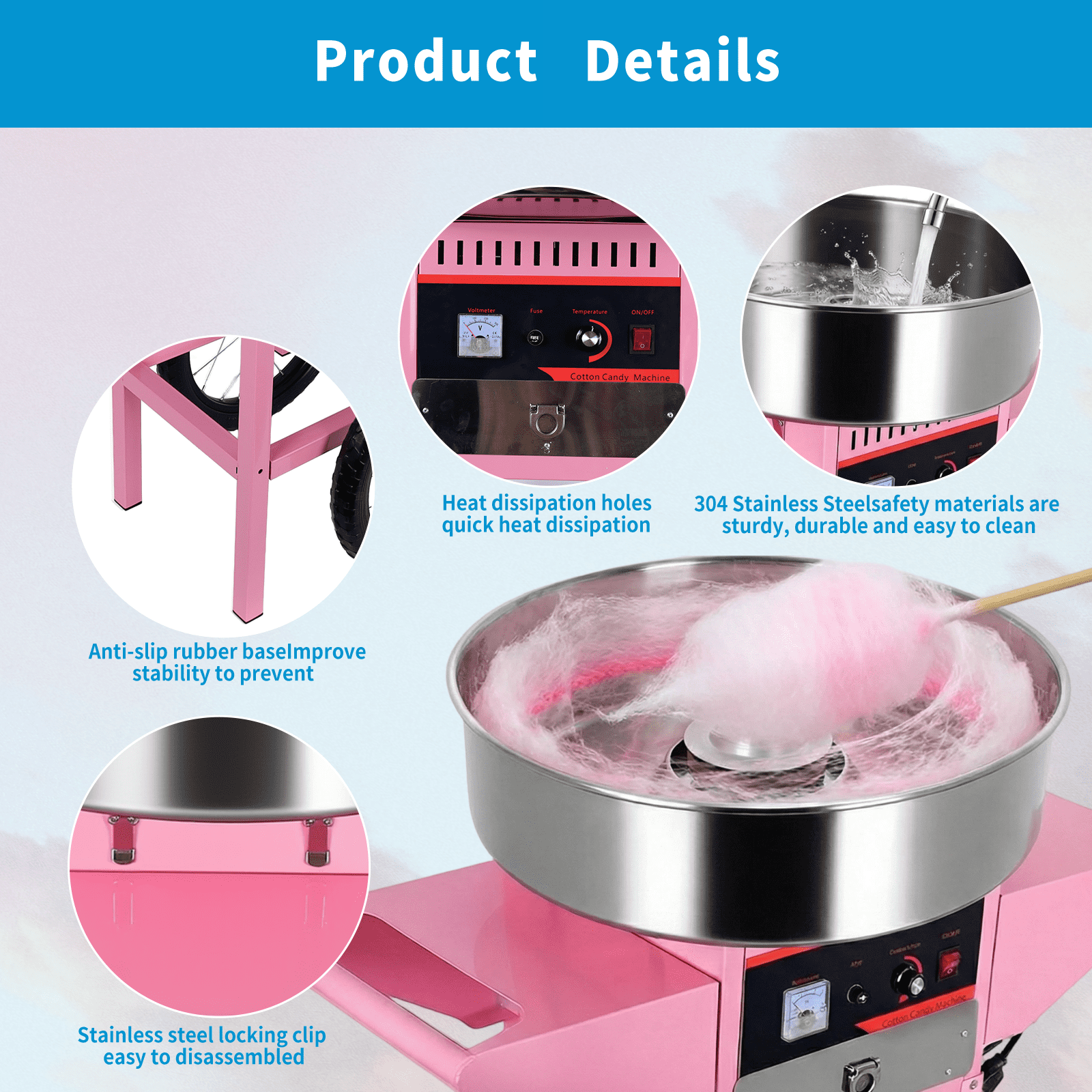 1000W 3000R/M Mobile Rolling Candy Floss Maker Electric Cotton Candy Machine Cart with Cover Stainless Steel Bowl Sugar Scoop and Drawer Commercial Floss Maker for Home Carnival