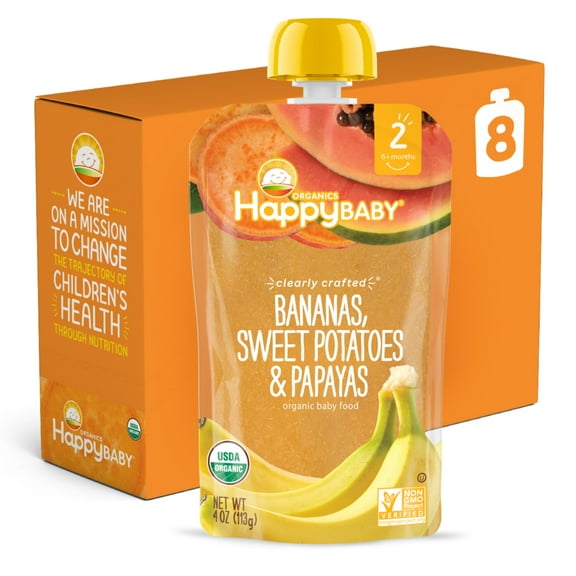 (8 Pack) Happy Baby Organics Bananas, Sweet Potatoes & Papayas 4 oz. Pouches