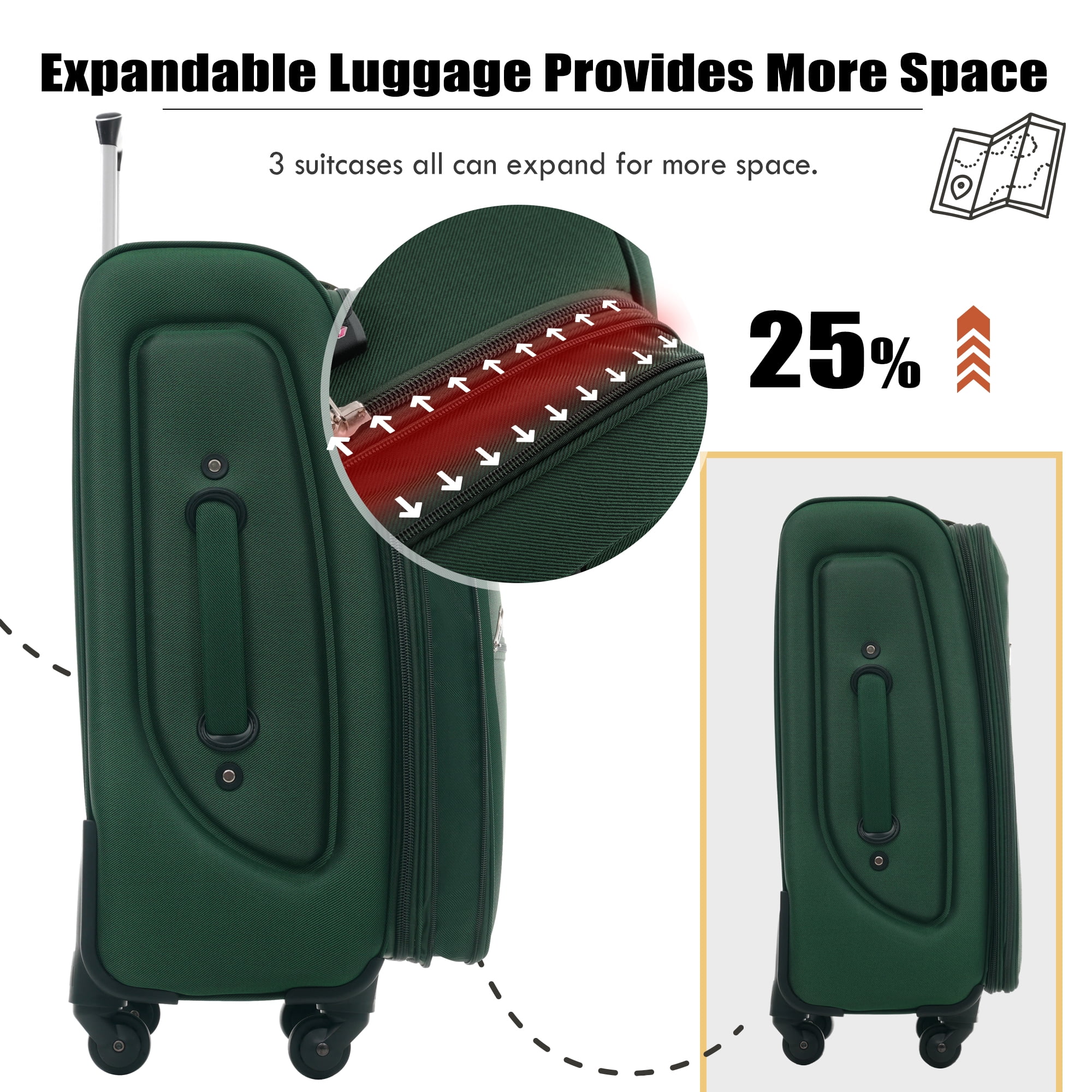 Euroco 5 Piece Softside Luggage Set,Expandable Suitcase Set with Duffel Bag,TSA Lock and Spinner Wheels,Lightweight Travel Suitcase for Men Women,Dark Green