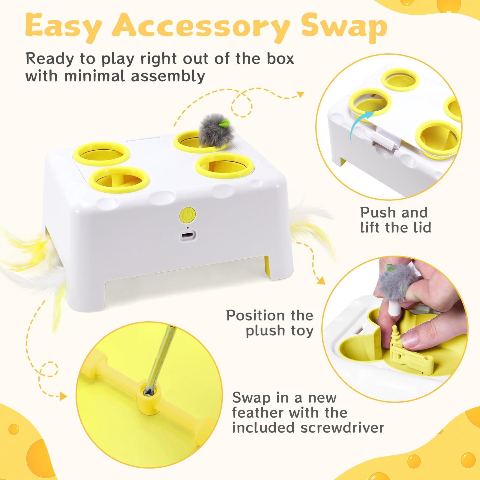 Cheese Box Interactive Cat For Indoor Cats  3-in-1 Whack A Mole 3 Modes Rechargeable Auto Toys Bored 4 Holes Kitten 4 Accessories (white)