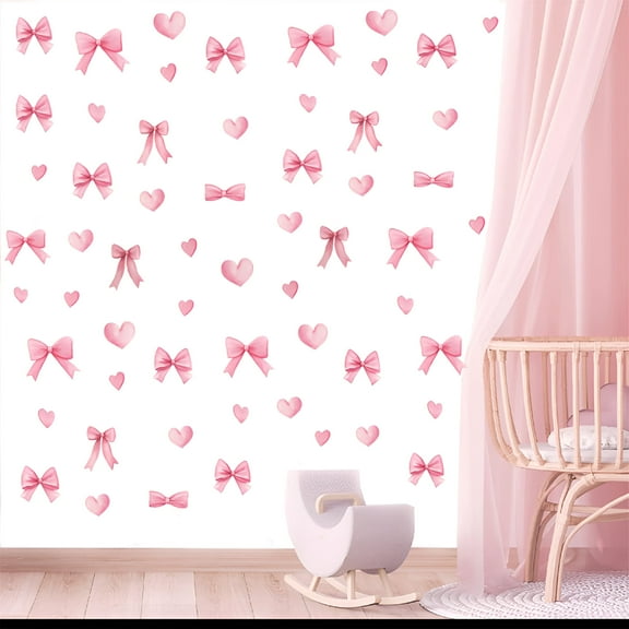 LAMIRO 64Pcs Cute Pink Bow Wall Stickers-Removable Bow Heart Wall Decals,Coquette Room Decor for Girls Bedroom Nursery Pink Decor for Bedroom
