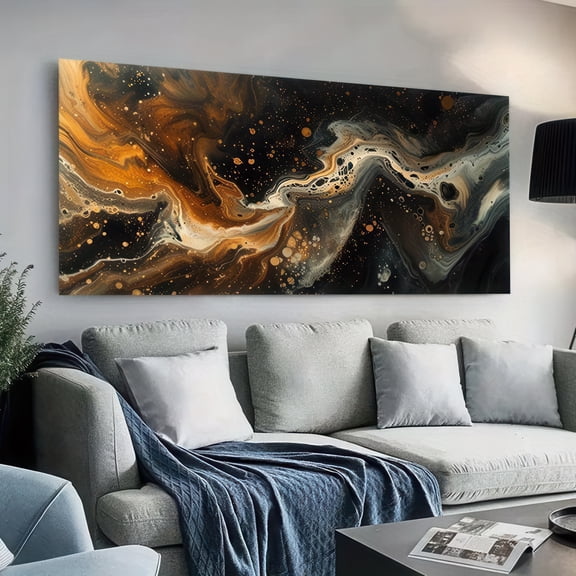 Abstract Gold and Black Fluid Art Canvas Wall Art 48x24 Inch Framed Modern Decor for Living Room Bedroom Office