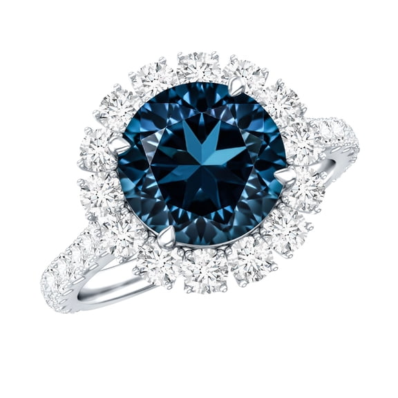 Rosec Jewels Natural London Blue Topaz Engagement Ring with Moissanite Halo (2 Carat, AAA Grade) - with Jewelry Box, 925 Sterling Silver, US 4.00