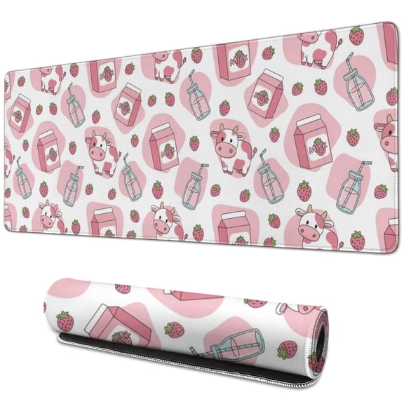 Long Mouse Pads for Desk,White Cow Milk Strawberry Pattern Desk Mats on Top Of Desks, Desk Mouse Pad Extra Large with 3mm Non-Slip Base and Stitched Edge for Gaming,Office,Work,Home 31.5"x11.8"
