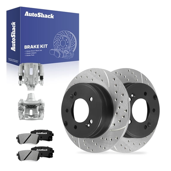 AutoShack Rear Solid Drilled & Slotted E-Coated Brake Rotors   Ceramic Pads   Calipers 8-PC Brake Kit Replacement for 2016-2019 Hyundai Sonata 2016-2020 Kia Optima ShadowGuard 11.18" (284 mm)