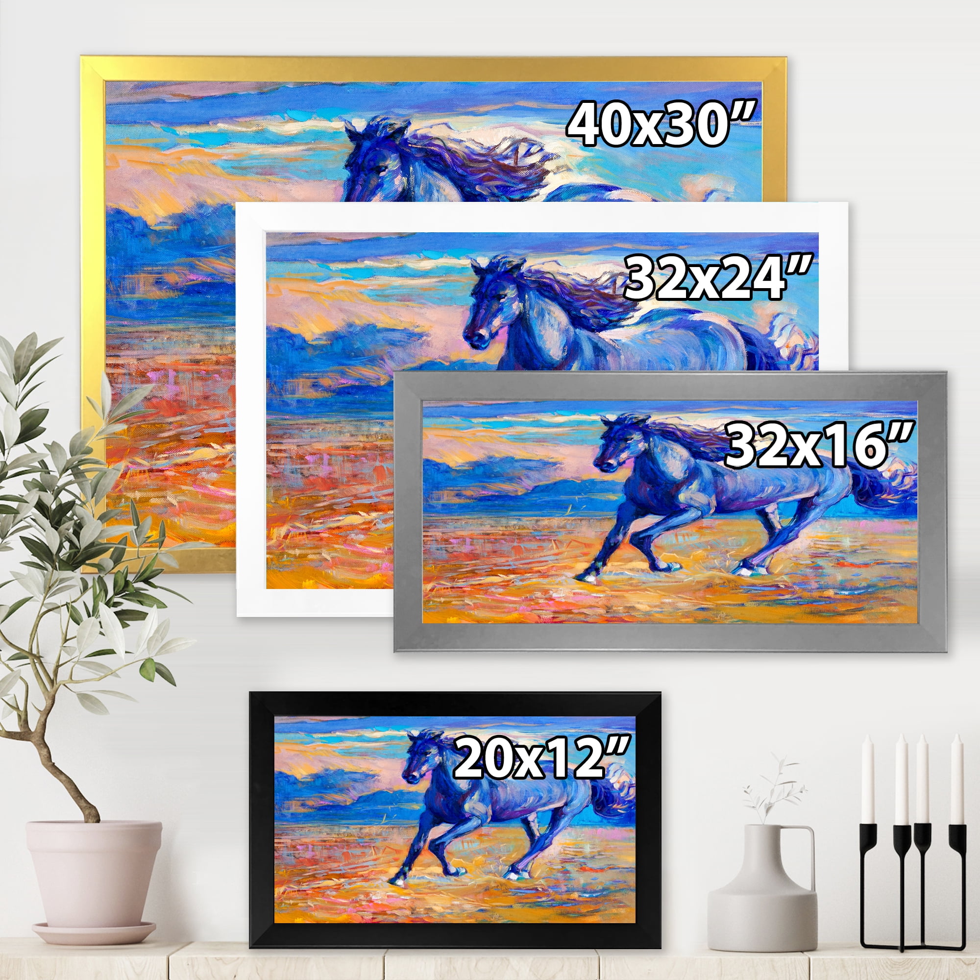 Designart 'Abstract Blue Horse Galoping Over The Prairie' Farmhouse Framed Art Print