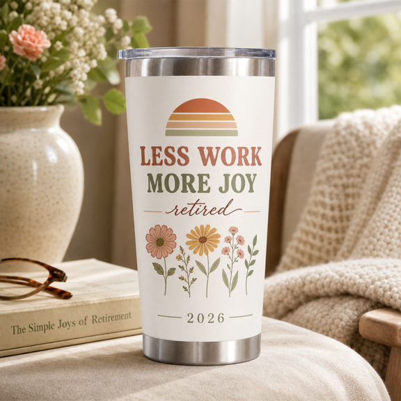 Funny Retirement Gift for Women 2026 Tumbler, Less Work More Joy Floral Cup