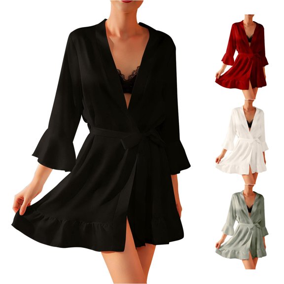 Wxolcjlv Womens Solid Satin Robe Three Quarter Sleeve Ruffle Hem Bathrobe Nightgown