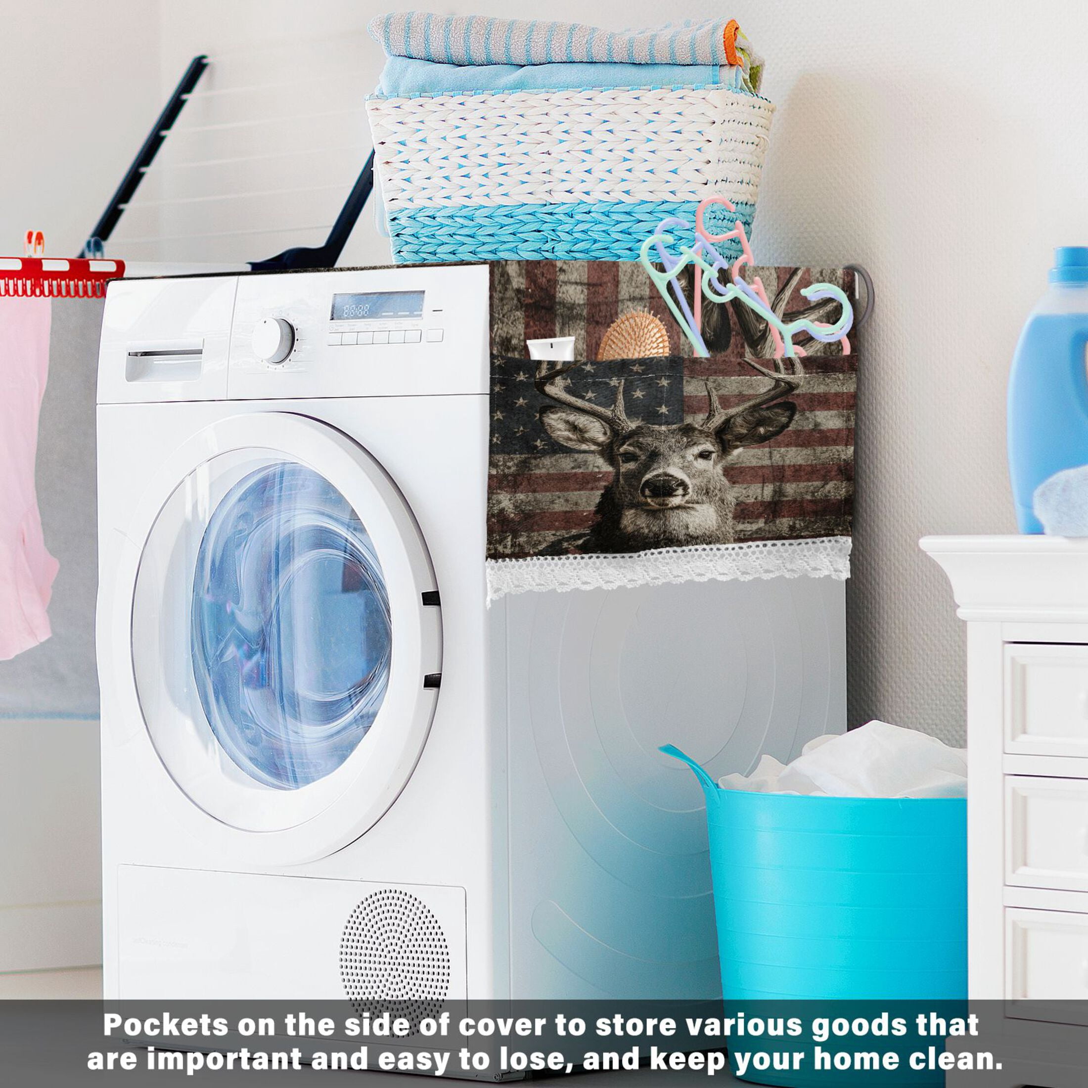 Wobogo Vintage American Deer Washing Machine Cover Dustproof Washer Dryer Cover Waterproof Laundry Room Decorative Protector