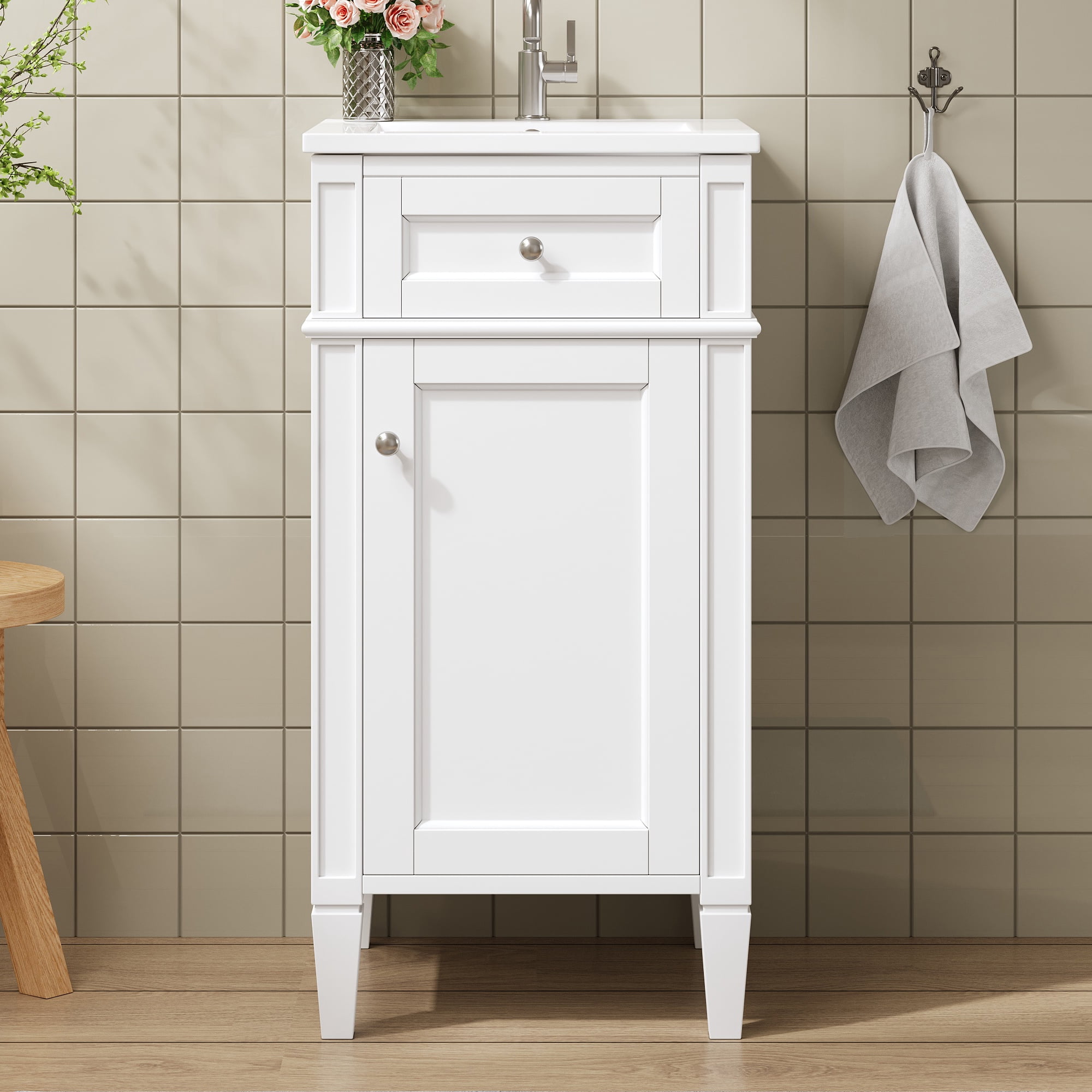 Harper & Bright Designs 16" Free Standing Single Basin Vanity Set, Bathroom Vanity with Sink Combo with Door and Adjustable Shelf, Bathroom Sink Storage Cabinet for Small Space, White
