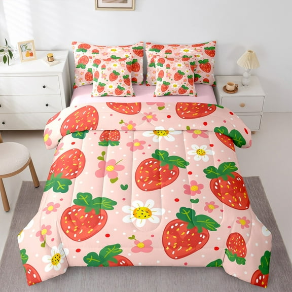 Castle Fairy Kawaii Red Strawberry 7-Piece Twin Bedding Sets for Teens Girls Women,Cute Flower Bedding Comforter Set,Polka Dots Breathable Sheet Sets,Lightweight Room Decor