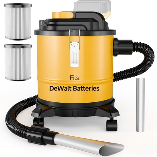 aspiradora de cenizas inalámbrica para estufas de pellets compatible con batería DeWalt 20 V máx.; tanque cilíndrico amarillo de 15 litros con base de 4 ruedas y tapa negra con cierre metálico. Manguera corrugada negra de 96 cm con boquilla metálica, incluye 2 filtros HEPA y adaptador cilíndrico; también suele ser adecuada para recoger cenizas frías en parrillas y barbacoas.
