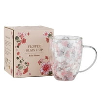 Dried Flower Double Wall Glass Cup, Aesthetic Flowers Coffee Mugs, Cute Insulated Tea Cup with Handle Heat Resistant for Women, Ideal Gift for Birthday Mother's Day Perfect for Wife Mom Friend (pink)