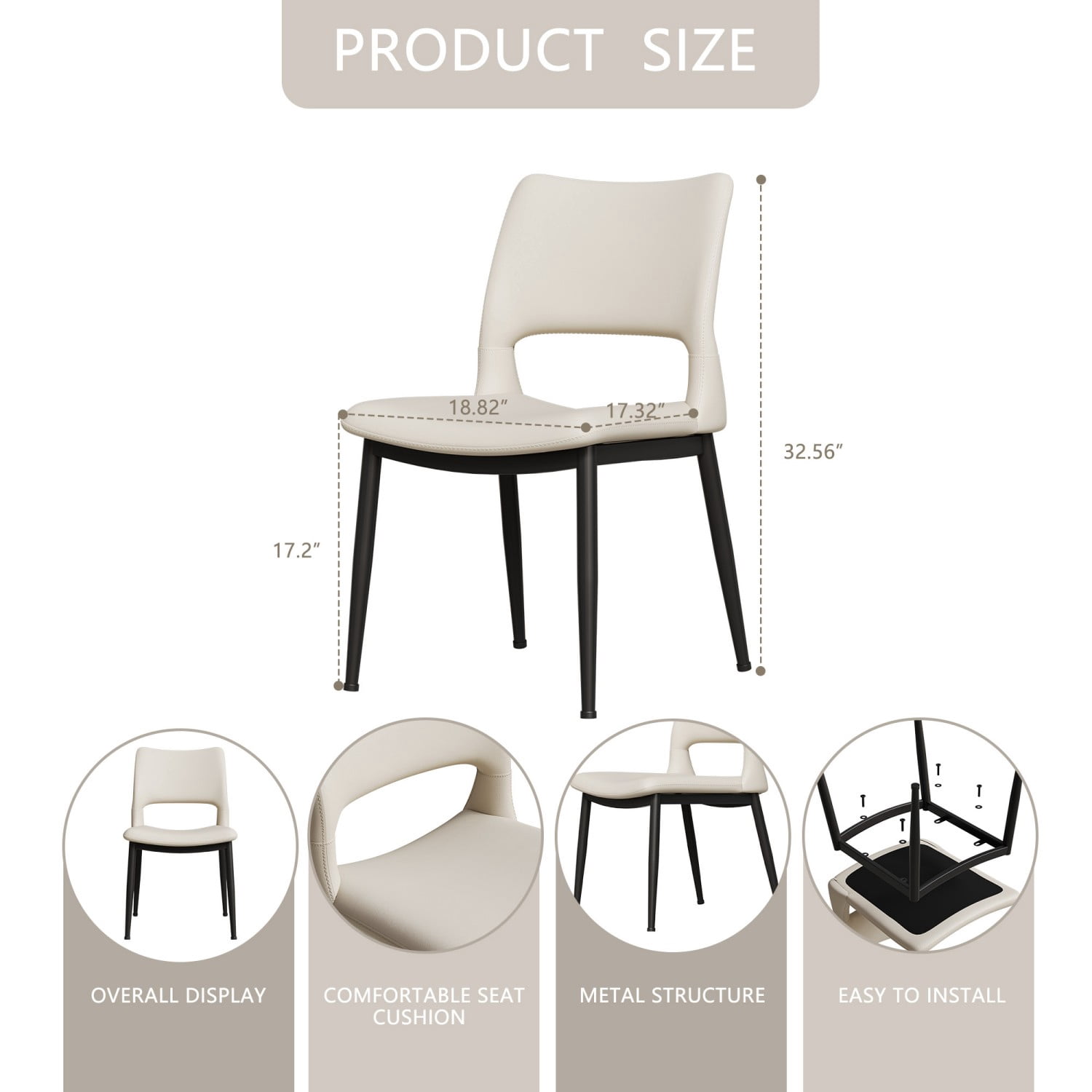 Modern Minimalist White PU Leather Dining Chairs Set of 2 Upholstered Kitchen Chairs with Metal Legs Ergonomic Backrest for Dining Room Restaurant Office