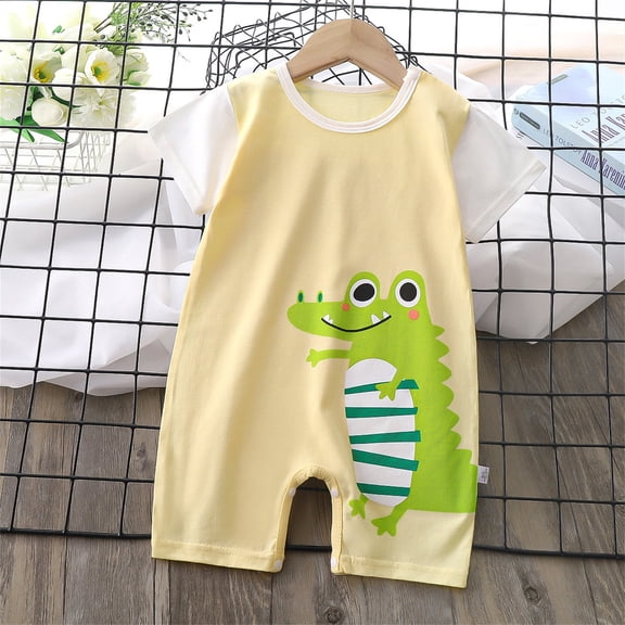 BLTIBY Newborn Baby Boys Girls Romper Summer Printed Short Sleeve Round Neck Toddler Button Down Rompers Cute Infant One-Piece Fashion Bodysuit 2025 Yellow 3-6 Months