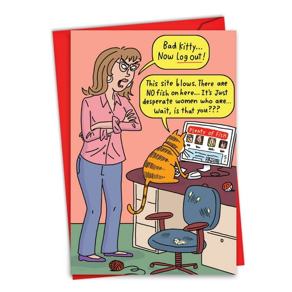 C1688VDG Hilarious Valentine's Day Greeting Card 'Fishing Cat Valentine'S Day Joke Paper' with Envelope by NobleWorks