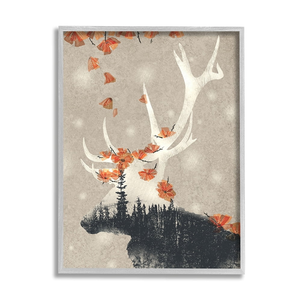 Stupell Industries Tree Forest Elk Silhouette Orange Florals Gray Framed by Ziwei Li