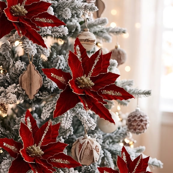 OAVQHLG3B Poinsettia Artificial Flowers Christmas Tree Ornaments Glitter Artificial Magnolia Flowers for Xmas New Year Party Wedding Holiday DIY Decorations