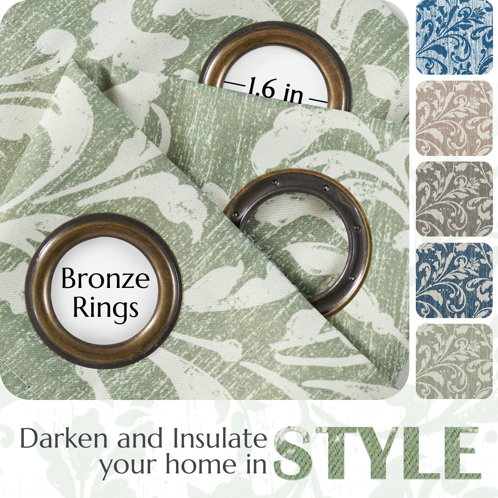 Curtainking 100% Blackout Curtains for Bedroom Green Scroll Floral Window Curtains Grommet Thermal Insulated Drapes for Living Room Farmhouse Vintage Window Treatments Set 84 Inch Length 2 Panels