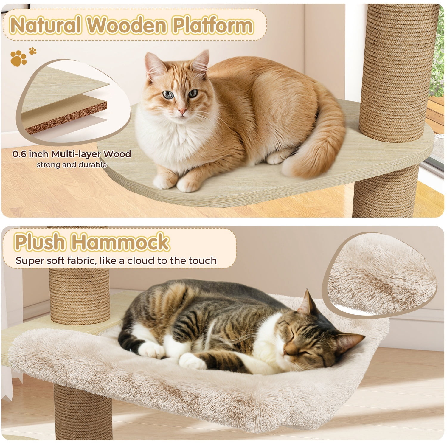 Erinnyees Floor to Ceiling Cat Tree Adjustable 86-106", 6-Level Wood Cat Tower with Scratching Post, Plush Hammock, Transparent Capsule & Perches for Indoor Cats, Space-Saving Cat Furniture