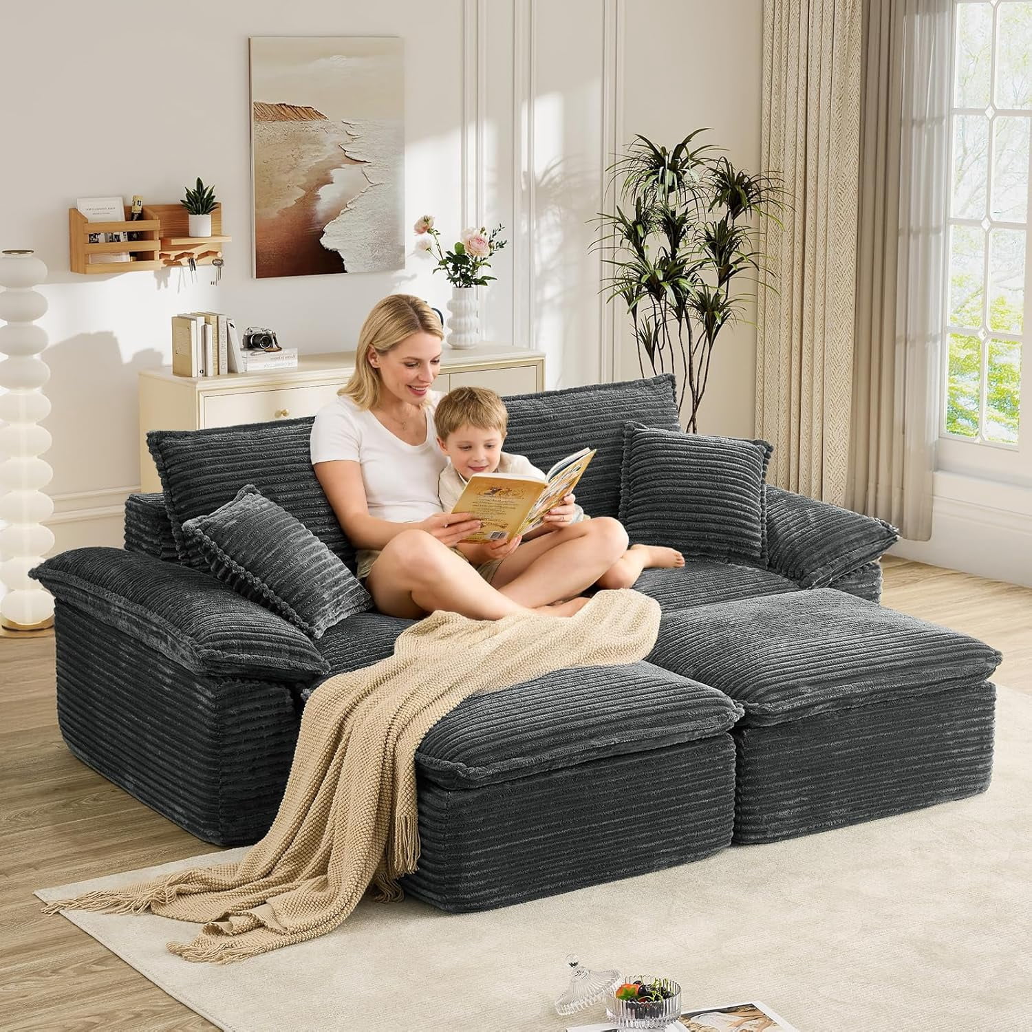 Aukfa 4-Piece Modular Sectional Sofa, Corduroy Convertible Double Chaise Lounge with Ottomans, Grey