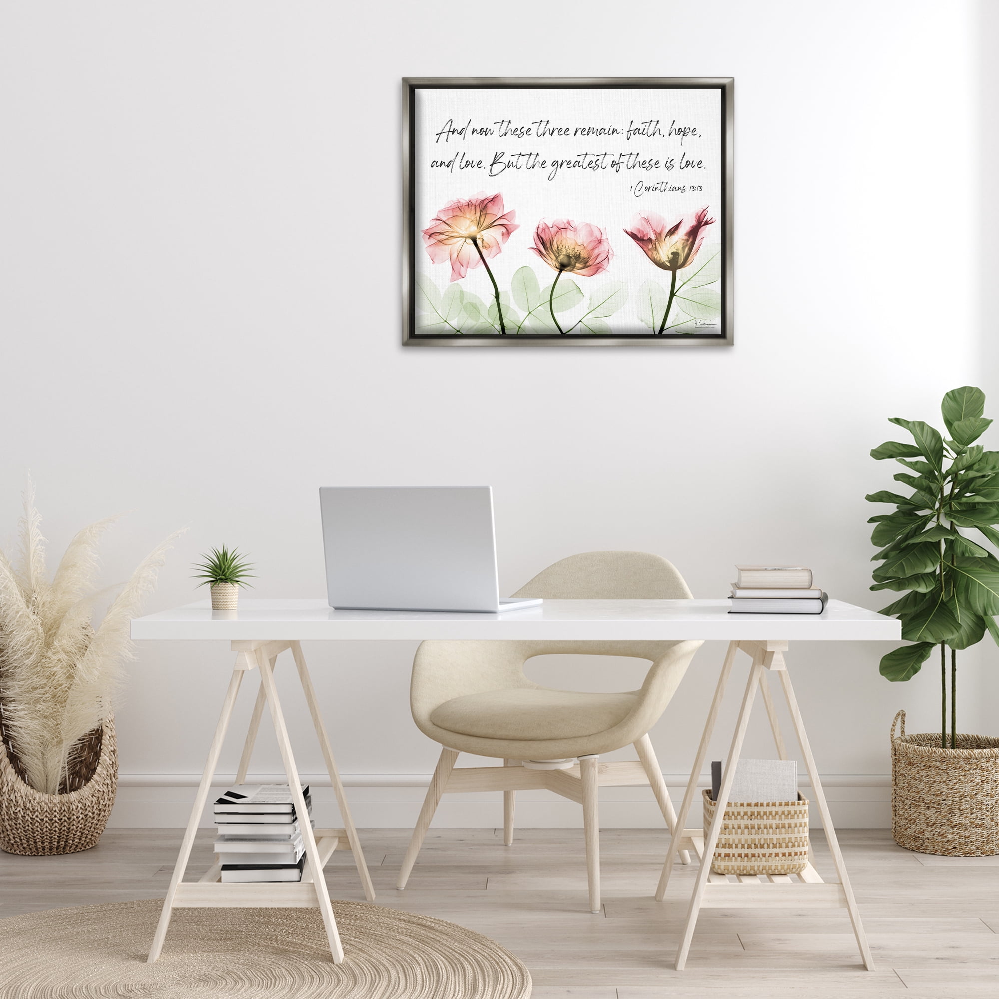 Stupell Industries Faith Hope Love Floral Religious Painting Gray Floater Framed Art Print Wall Art, 31 x 25