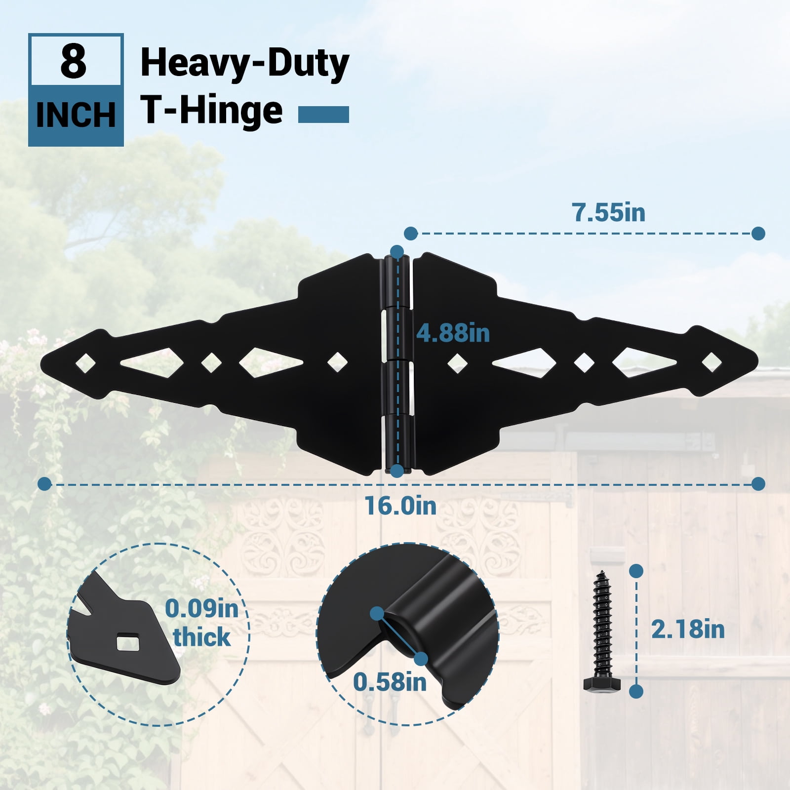 WellMade 8 in. Strap Gate Hinge, Heavy Duty Black Steel Hinge with Screws for Fence, Barn and Garage, 6 pack