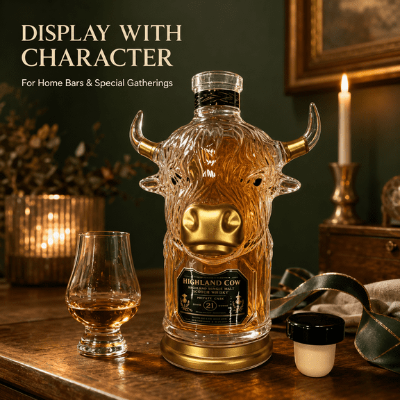 Highland Cow Head Shaped Whiskey Bottle, Decorative Glass Liquor Decanter for Home Bar, Display Shelf, Cabin Decor, Collector Gift, Entertaining and Beverage Storage, Transparent