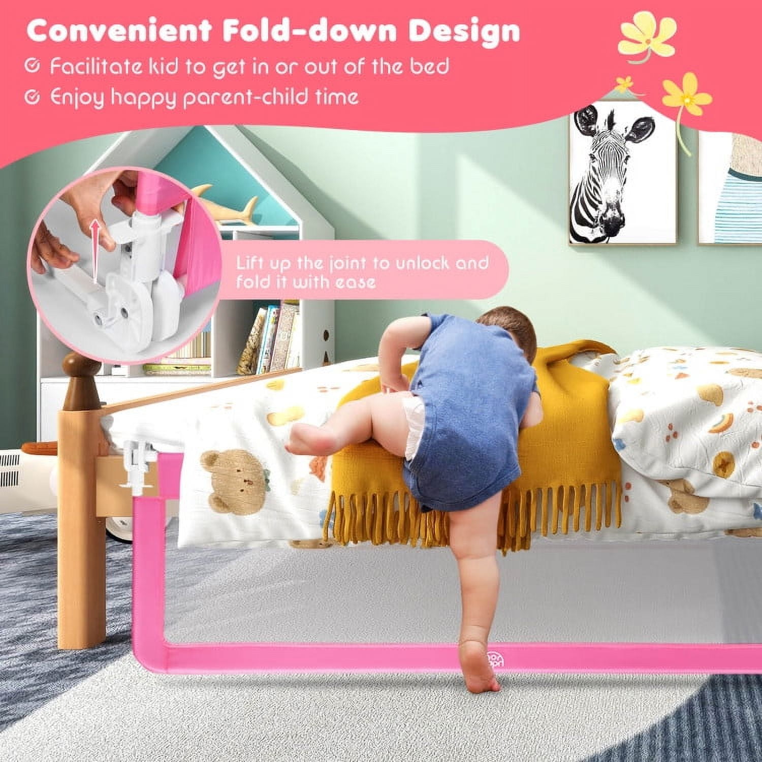 YYAo Bed Guard Rails,Bed Fence,Bed Gate for Baby,59 Inch Folding Breathable Baby Bed Rail Guard with Safety Strap-Pink