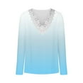 thumbnail image 3 of tklpehg Long Sleeve Shirts for Women Lightweight V-Neck Crochet Lace Trim Gradient Color Casual Loose Going Out Tops Tunic Tops Blouses (Light Blue,S), 3 of 5