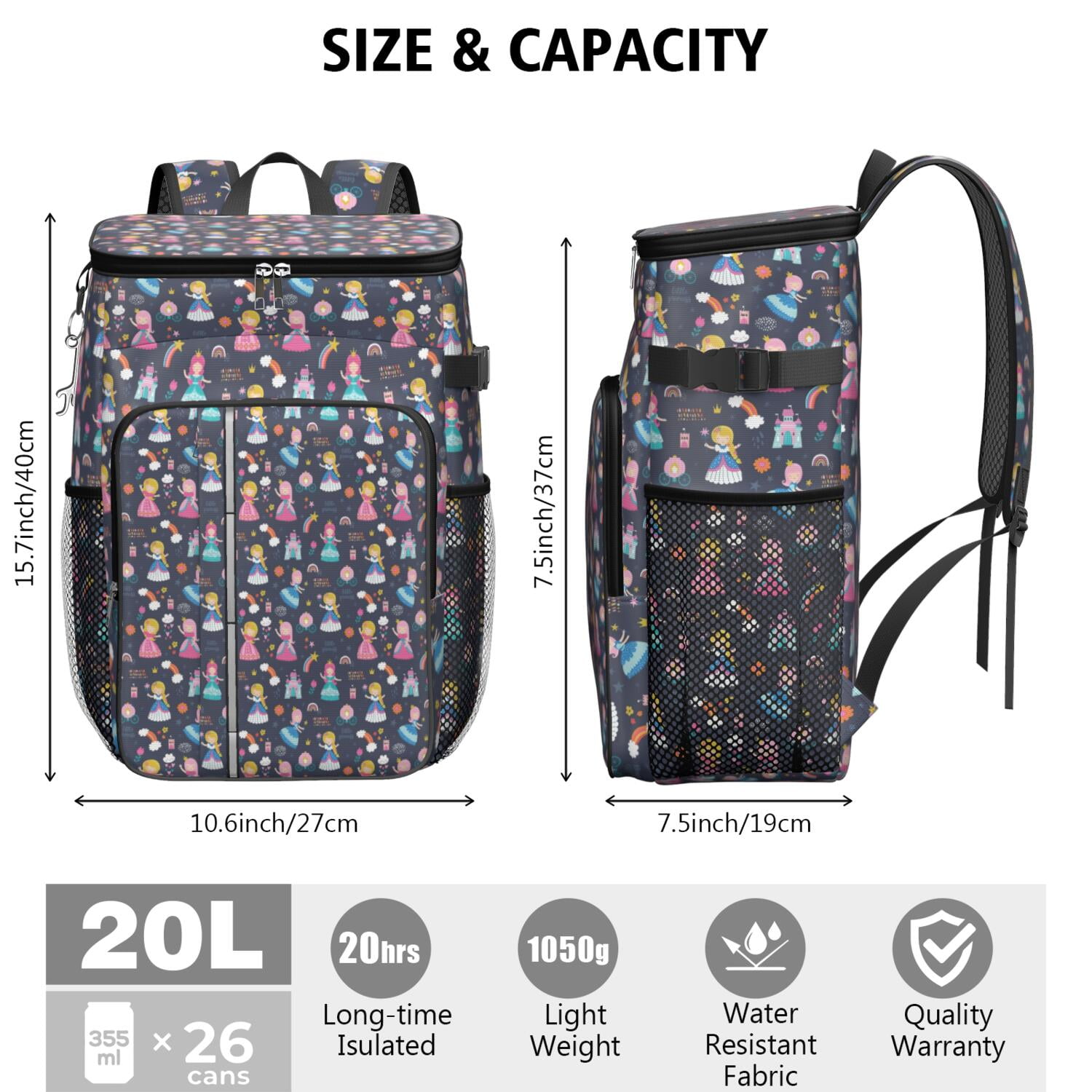 Travel Cooler Bag - Dark Blue Little Princess Pattern Camping Beer Cooler Backpack with Bottle Opener- Waterproof Insulated Picnic Backpacks - Cooler Bag for Beach